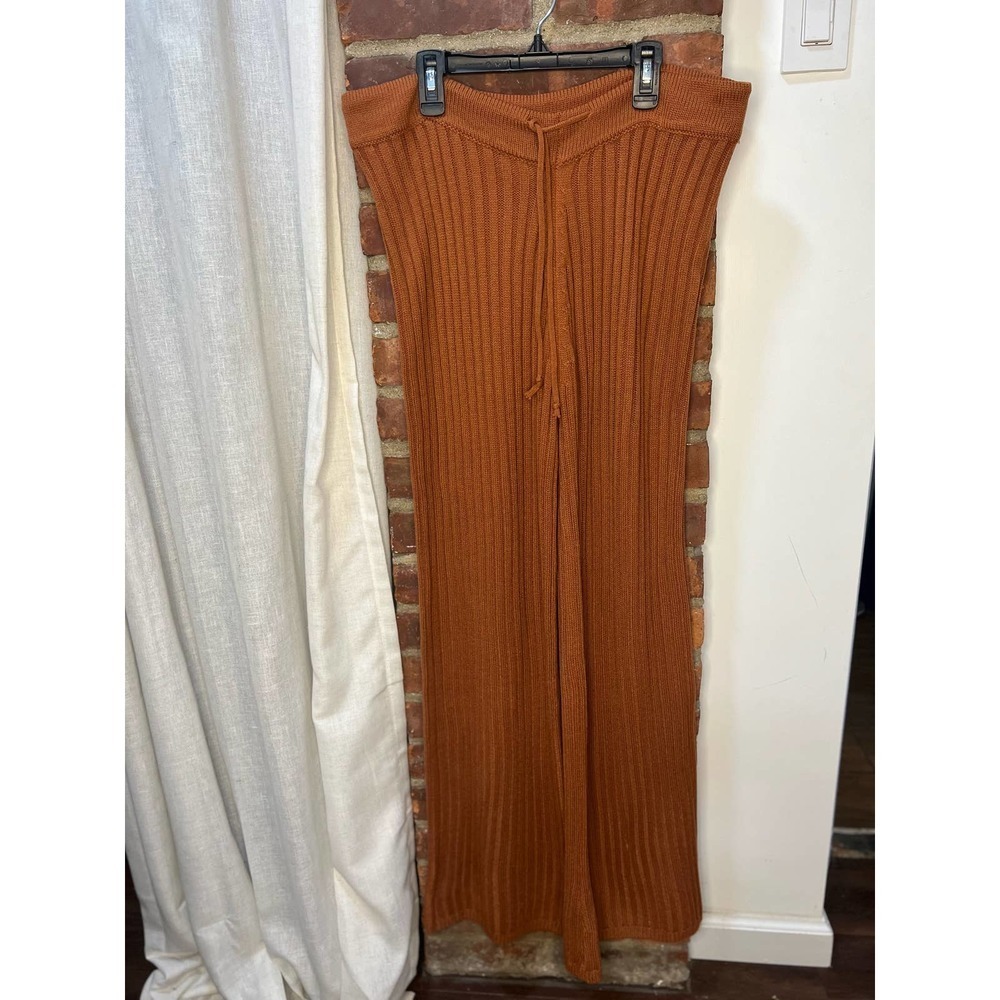 SNDYS Hendrix Ribbed Knit Drawstring Pants Burnt Orange Wide Leg Lounge Pants M - Picture 8 of 9